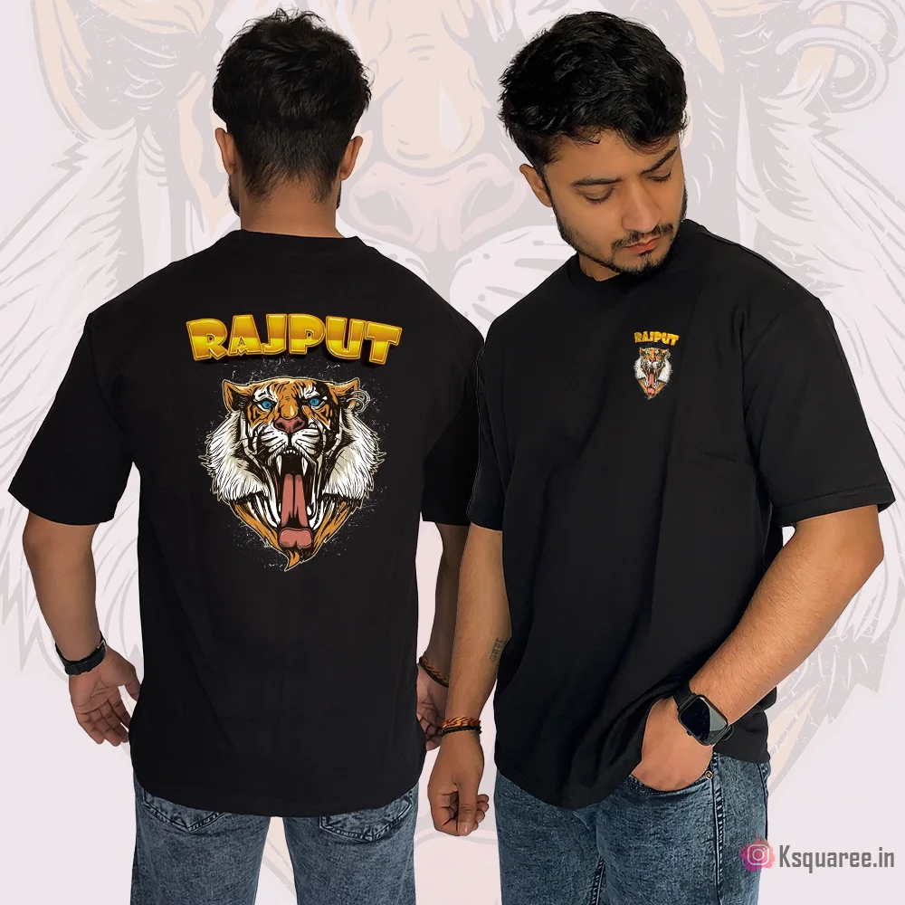 Tiger Face Rajput Design Over Size Black T Shirt.jpg